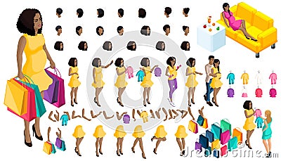 Quality Isometry pregnant African American girl. Set of babies and clothes, create your own character Vector Illustration