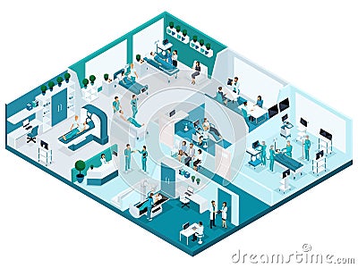 Quality Isometry, the process of the hospital, detailed characters and medical equipment Concept for advertising and presentations Vector Illustration