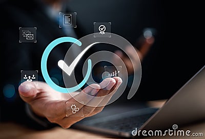 Quality management with Quality Assurance or QA and Quality Control or QC and improvement. Standardization, certification. Stock Photo
