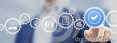 Quality management with QA assurance, QC control and improvement. Standardisation and certification concept. Compliance to Stock Photo