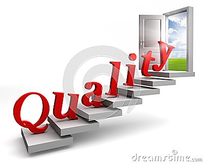 Quality red word up stairs to door Stock Photo