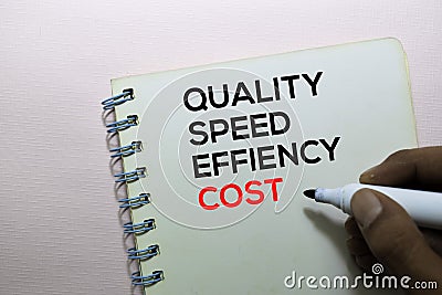 Quality, Speed, Efficiency, Cost text on the book isolated on office desk Stock Photo