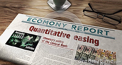 Quantitative easing crisis and inflation newspaper on table Cartoon Illustration