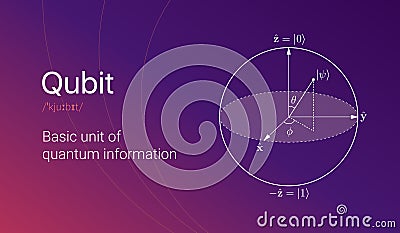 Quantum bit visual concept. Visualization of qubit on colorful. Quantum physics background. Vector Illustration