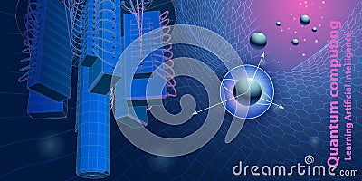 Quantum computer. Abstract tech background concept with qubit. Learning artificial intelligence element. Cryptography infographic Vector Illustration