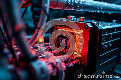 Close-up of Quantum Computer Displaying Red Digital Readout, generative ai Stock Photo