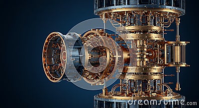 Quantum Computer Core Futuristic Technology, intricate machine, innovation, complex design, gold, blue, engineering, high tech, Stock Photo