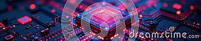 Quantum computer core, intricate network display, connection, blue light Stock Photo