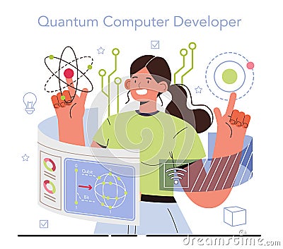 Quantum computer developing. Innovative calculations technology. Engineers Vector Illustration