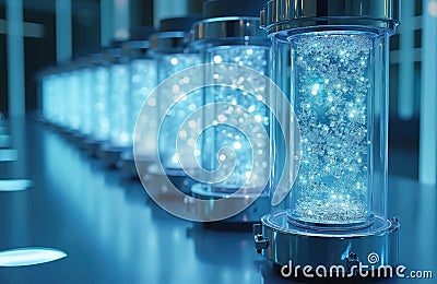 Quantum computer futuristic cylinders with glowing particles inside. Quantum technology for data processing, cloud service. Stock Photo