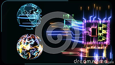 Quantum computer intelligent chip futuristic technilogy digital holographic and high speed laser scan earth map Stock Photo