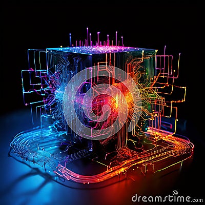 Quantum Computer Mechanisms, Microchip of modern advanced computers Stock Photo