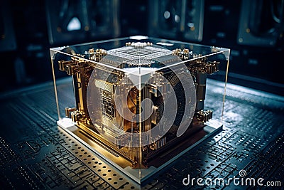Quantum computer, with qubits changing state, achieving quantum supremacy. Conceptual illustration. Generative AI Cartoon Illustration