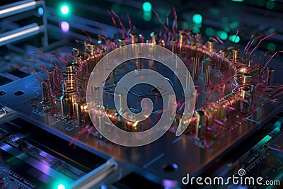 Quantum computer, with qubits changing state, achieving quantum supremacy. Conceptual illustration. Generative AI Cartoon Illustration