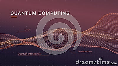Quantum computing abstract concept. Spatial flowing data wave Cartoon Illustration