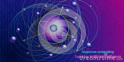 Quantum computing abstract physics background concept with qubit. Learning artificial intelligence element. Cryptography Vector Illustration