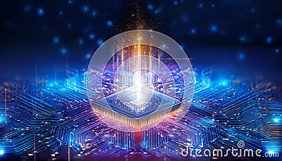 Consumer future and technology concepts: Quantum computing concept, glowing circuits and particles Stock Photo