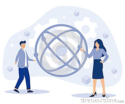 Quantum computing concept. Optical technology, photonics research. Tiny people engineers and scientists working with quantum Vector Illustration