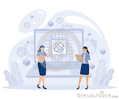 Quantum computing concept. Optical technology, photonics research. Tiny people engineers and scientists working with quantum Vector Illustration