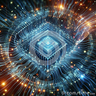 Quantum computing data stream. Blockchain matrix Stock Photo