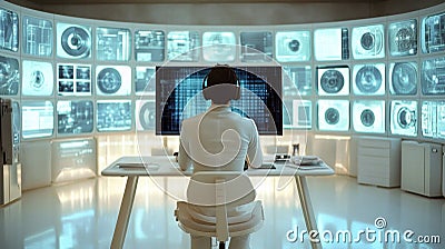 Quantum computing expert in a modern light workspace analyzing complex data on multiple screens for cybersecurity Stock Photo