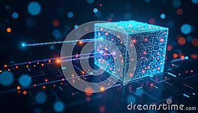 Quantum Computing, Futuristic Technology, Data Cube with Glowing Digital Network Stock Photo