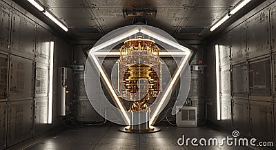 Quantum Computing A Glimpse into the Future with Golden Quantum Computer Prototype inside a Technological Room Stock Photo