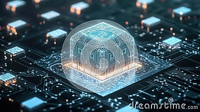 Quantum Computing A Glowing Circuit Board with Abstract Cube Visualization Stock Photo