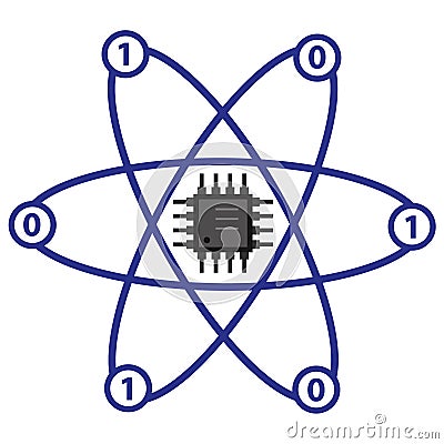 Quantum computing illustration vector isolated on white background. Binary digit numbers and a microprocessor shape . Vector Illustration