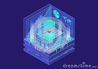 Quantum computing isometric vector illustration. 3D view on conceptual quantum computer Vector Illustration