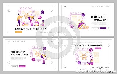Quantum Computing Landing Page Template Set. Optical Technology, Photonics Research. Tiny Characters Engineers Vector Illustration