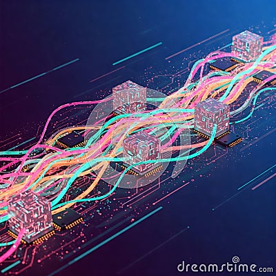 Quantum computing processors transferring data through colorful cables on motherboard Stock Photo