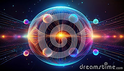 Quantum computing qubits particles interacting inside a sphere Stock Photo
