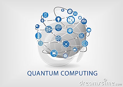 Quantum computing vector illustration with connected world. Vector Illustration