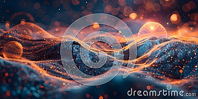 Quantum Computing Visualization: Exploding Spheres and Flowing Waves. Concept Visualizations, Stock Photo