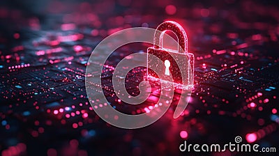 Quantum encryption and security concepts illustrated with a glowing lock symbol on a digital background representing Stock Photo