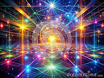 Quantum Fractal Energy Fields A Futuristic Immersive Visualization of Glowing Multicolored Grids and Patterns in a Stock Photo