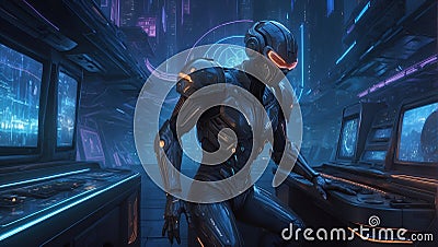 Quantum Mirage: Cyberpunk Hacker's Illusionary Performance. Generative AI Stock Photo