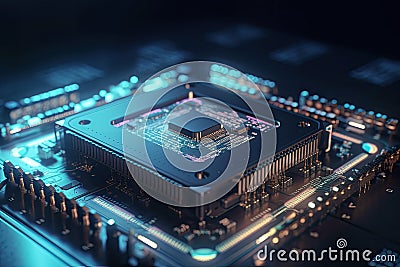 Quantum processor on circuit board. Generative AI Stock Photo
