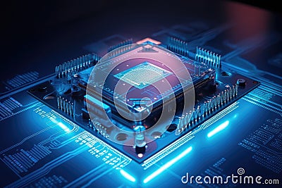 Quantum processor on circuit board. Generative AI Stock Photo