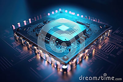 Quantum processor on circuit board. Generative AI Stock Photo