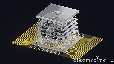 Quantum processor concept with quantum qubits circuit boards in layers, wiring, cover, 3D rendering, an exploded view Stock Photo