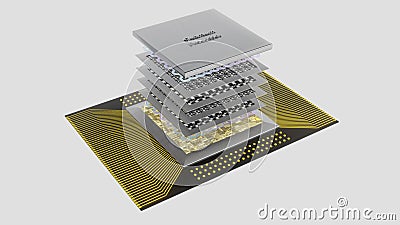 Quantum processor concept with quantum qubits circuit boards in layers, wiring, cover, 3D rendering, an exploded view Stock Photo