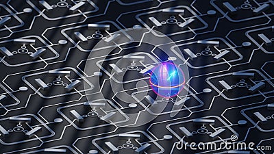Quantum qubit in superposition on quantum computer circuit board, bloch sphere, close up, 3D rendering Stock Photo