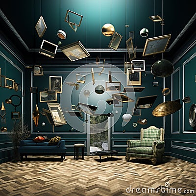 Quantum Quirks - A Fantastical Room Defying Gravity and Reality Stock Photo