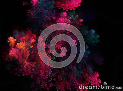 A quantum, science fiction design of a glowing fractal pattern, floating on a black background Stock Photo