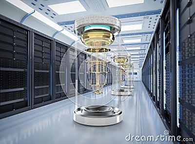 Quantum server network with quantum computer machine in server room Stock Photo