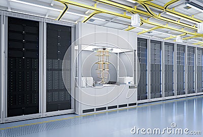 Quantum server network with quantum computer machine in server room Stock Photo