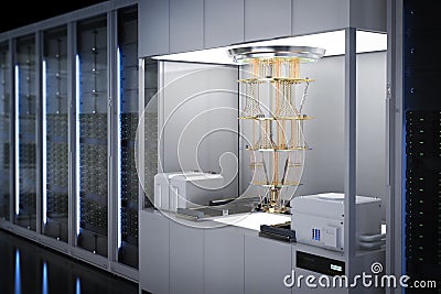 Quantum server network with quantum computer machine in server room Stock Photo