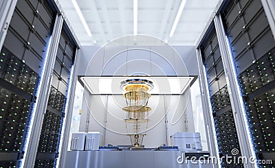 Quantum server network with quantum computer machine in server room Stock Photo